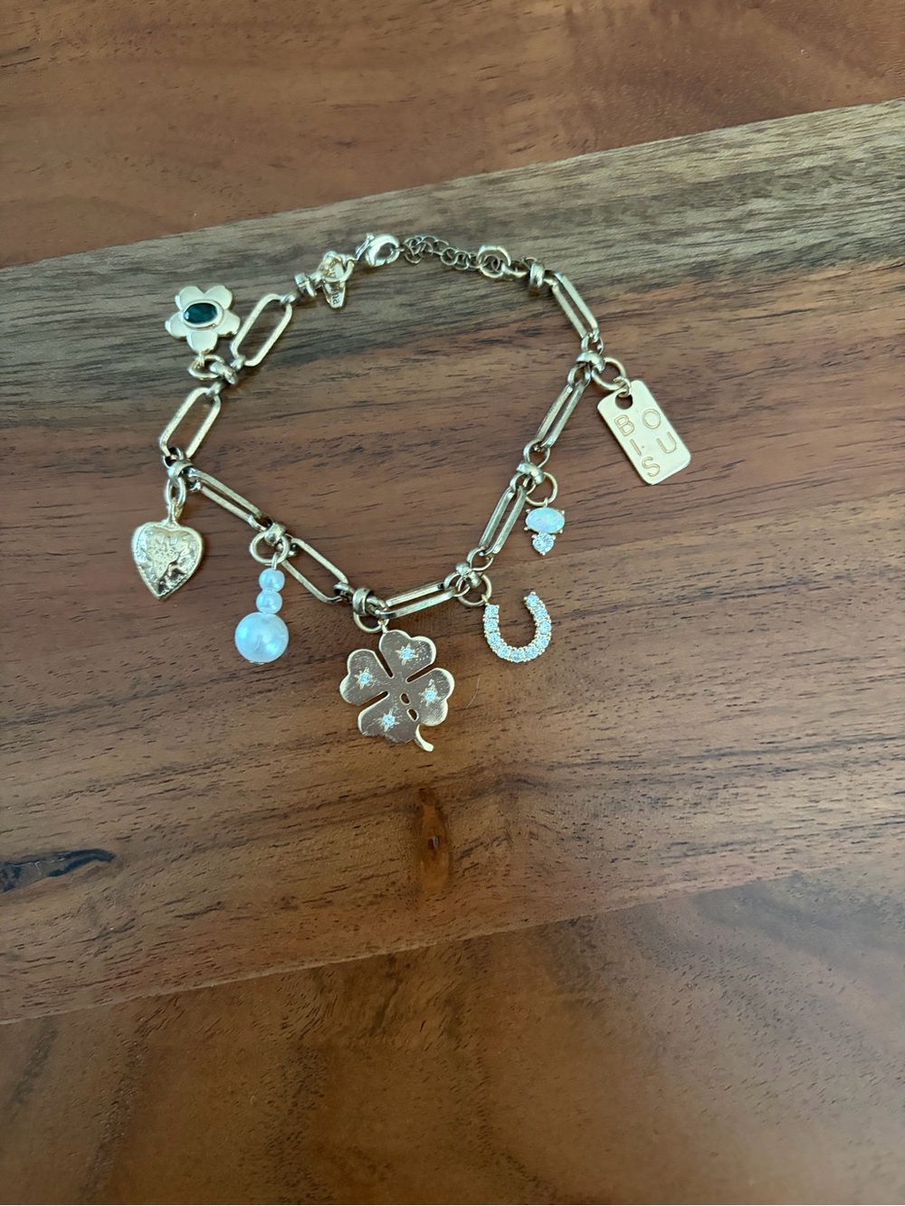 Gold Charm Bracelet with Clover, Heart & Horseshoe Charms